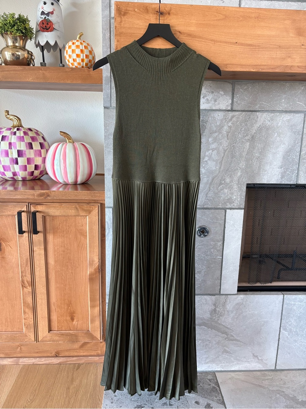 Polo by Ralph Lauren Olive Ribbed Knit & Pleated Maxi Dress
